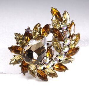 LARGE Rhinestone brooch / pendant champagne, honey and Aurora Borealis colours,